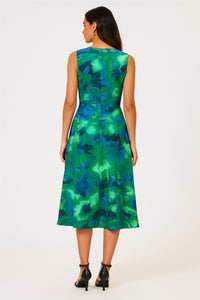 Abstract Floral Print Heart Neck Midi Green