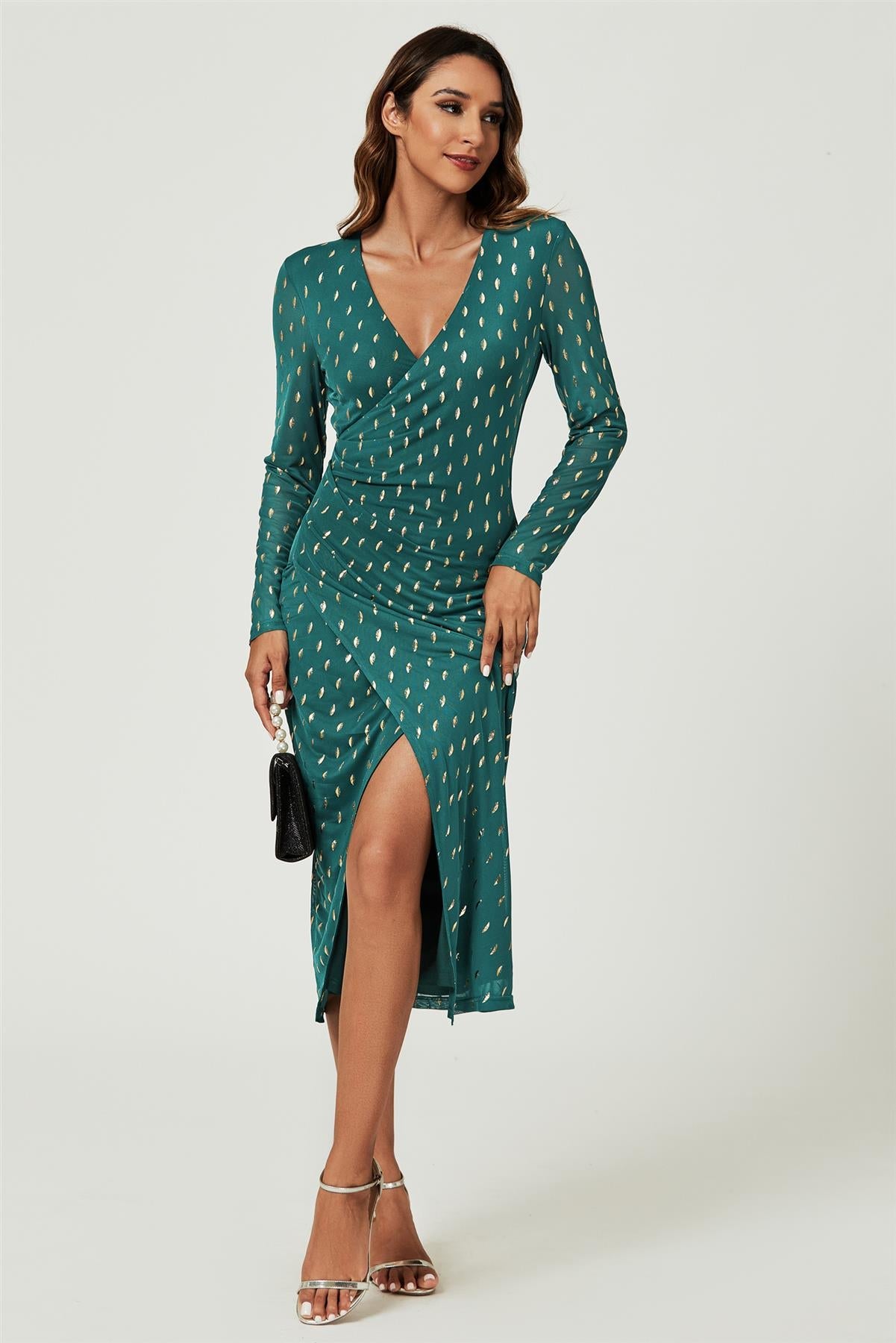Foil Mesh Long Sleeve Midi Dress In Green