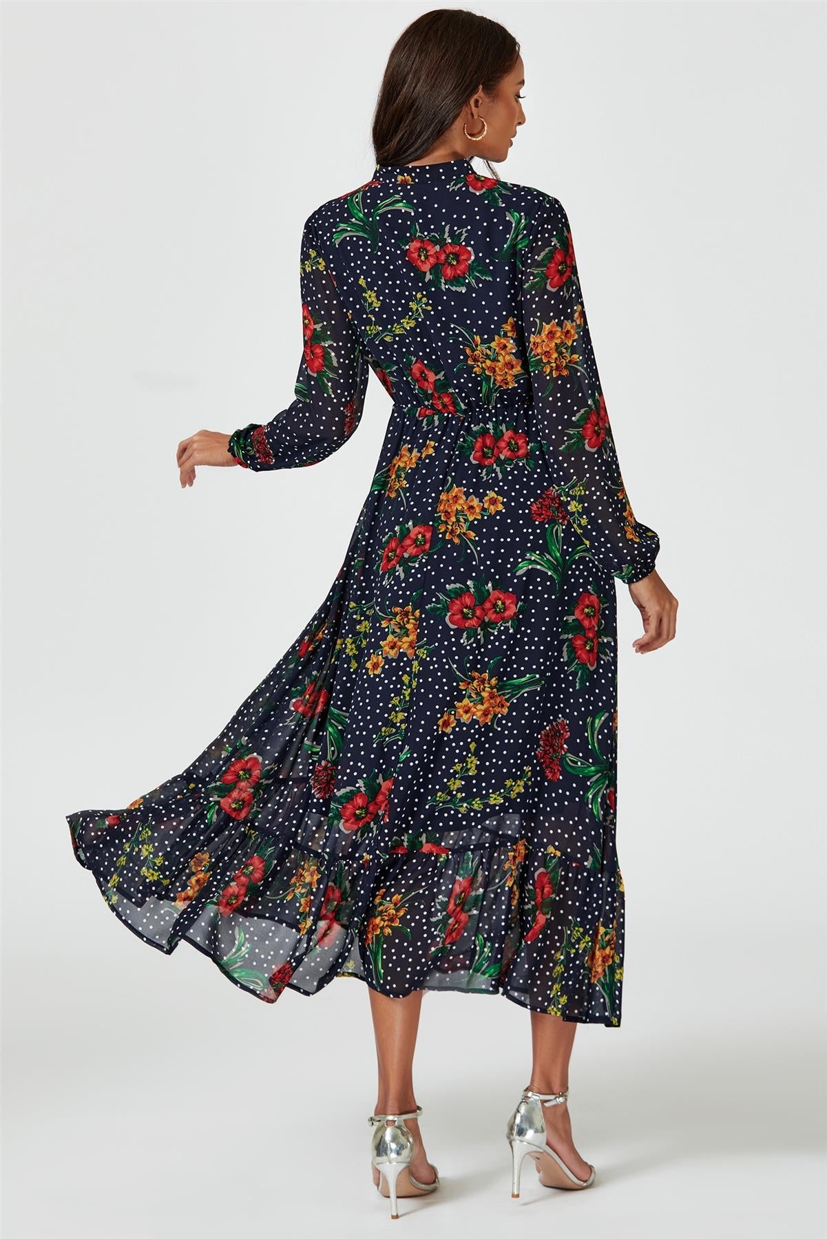 Floral Dot Print Maxi Dress In Navy