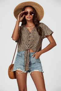 Leopard Print Tie Knot Front Buttoned Crop Top In Beige