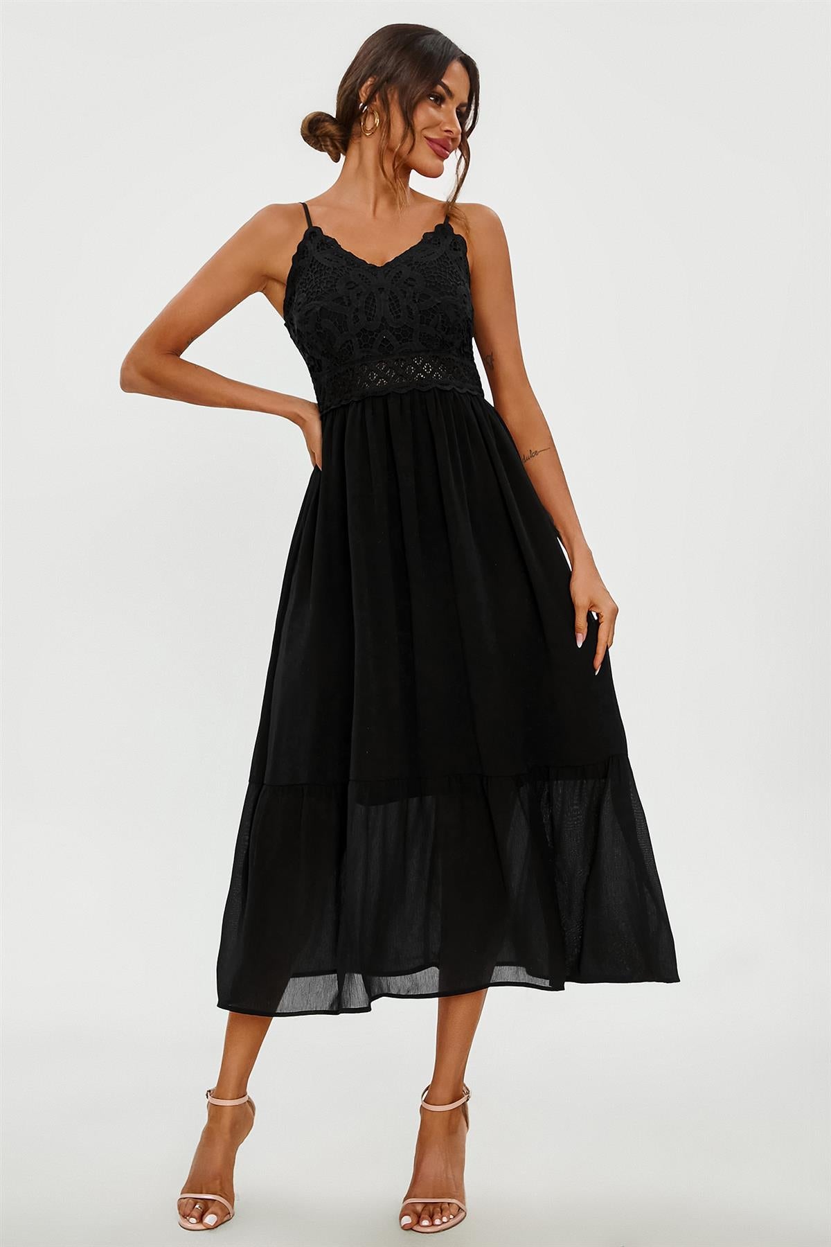Lace Embroidery Anglaise Maxi Slip Dress In Black
