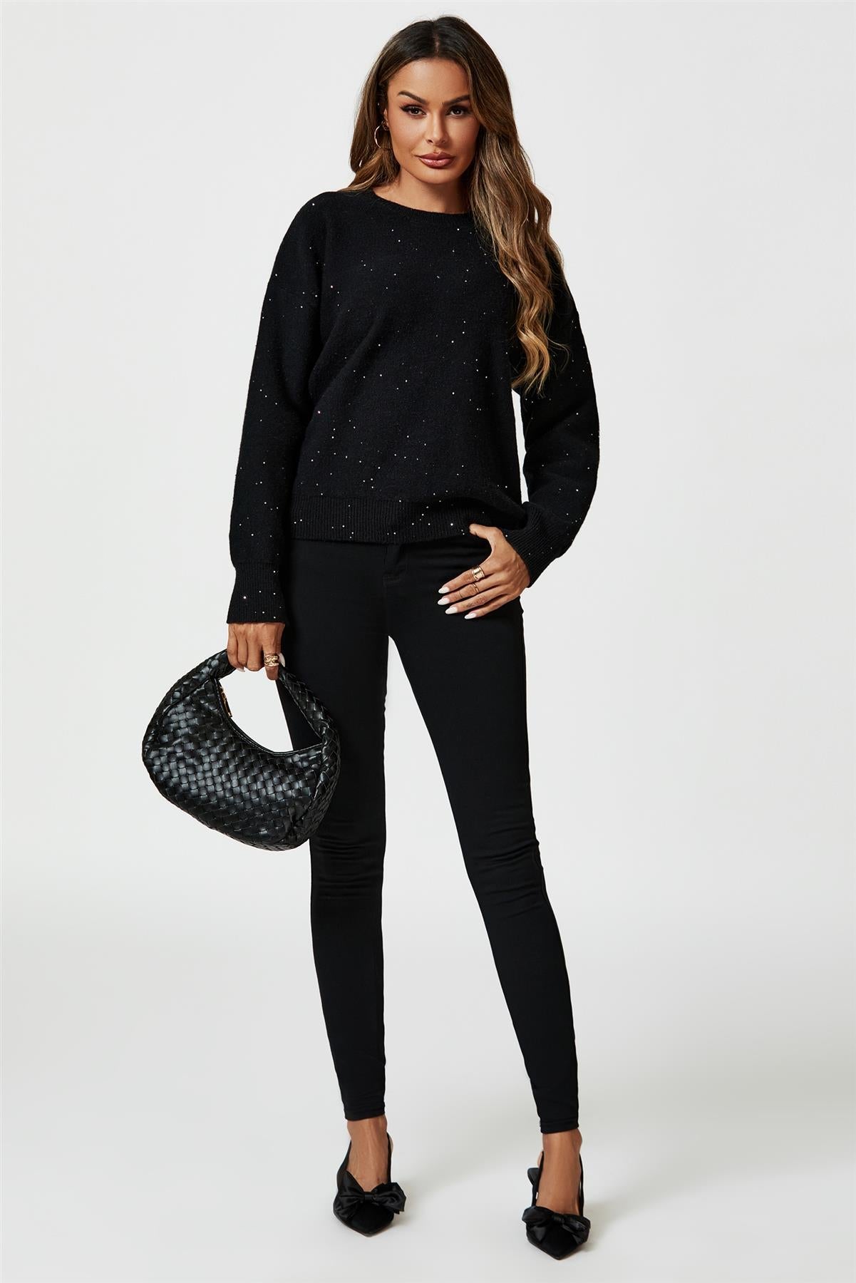 Scatter Sequin Jumper Top In Black