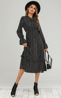 Long Sleeve Frill Detail Tiered Midi Dress In Black & White Dot