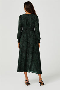 Leopard Print Long Sleeve Maxi Dress In Green