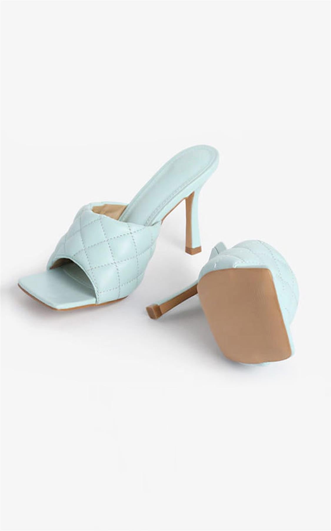 Quilted Block High Heeled Mule Sandal In Mint Blue