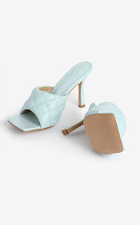 Quilted Block High Heeled Mule Sandal In Mint Blue
