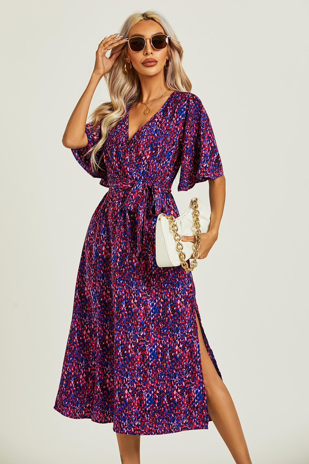 Angel Sleeve Wrap Top Midi Dress In Blue