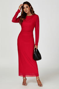 Long Sleeves Mesh Midi Dress In Red