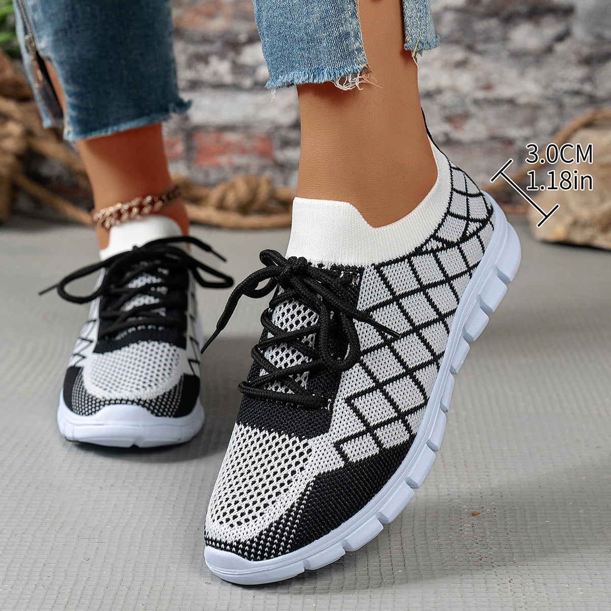 Women's Color block Plaid Fly knit Sneakers – Breathable Lace-Up Mesh Running & Walking Shoes
