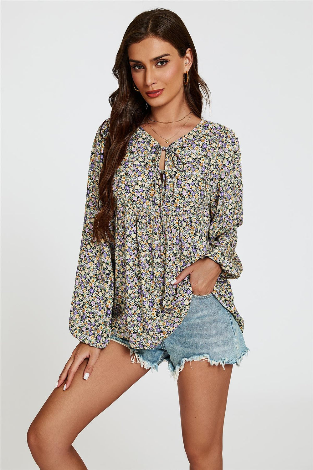 Floral Print long sleeve Blouse Top In Purple