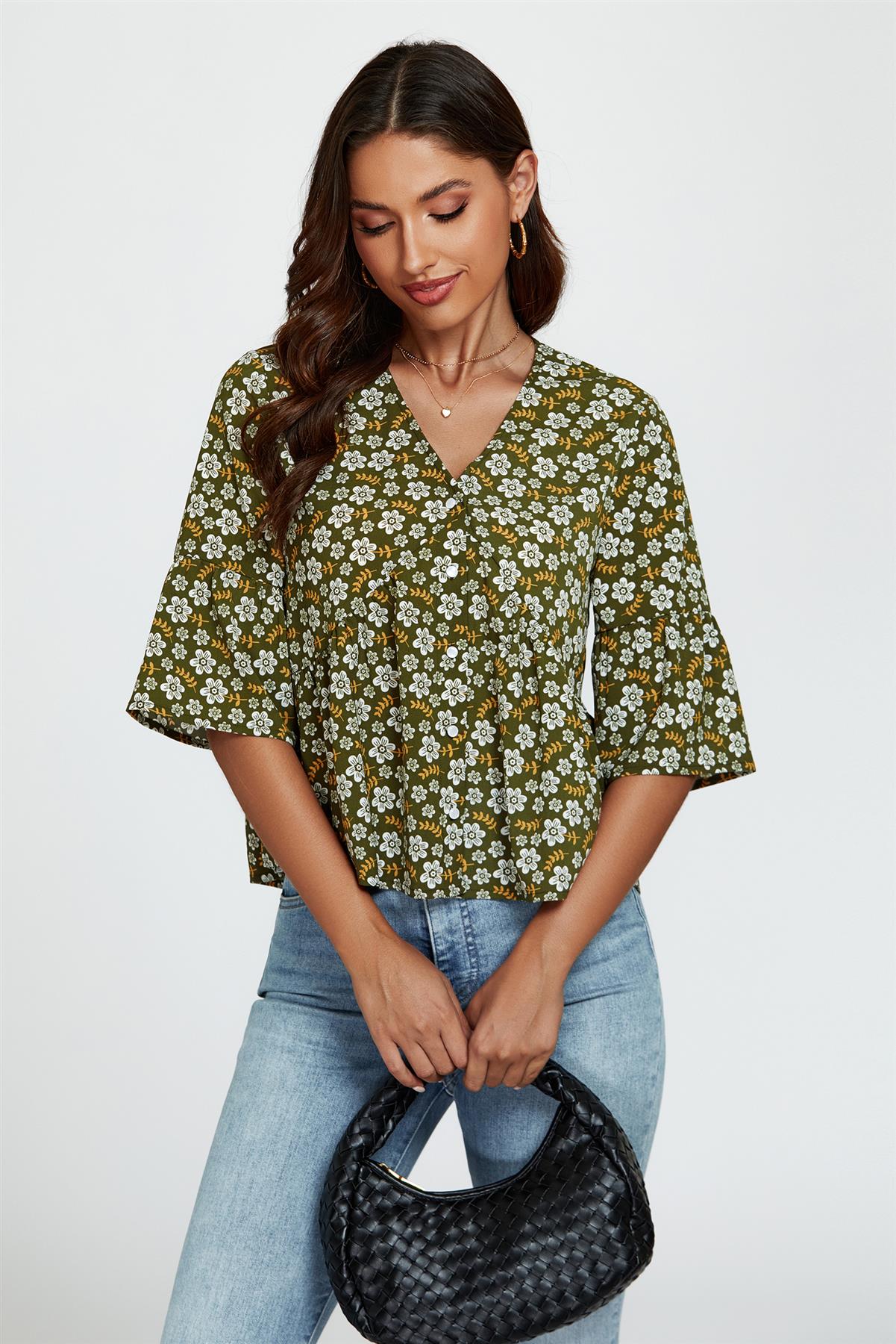 Floral Print Short Sleeves Crop Top In Olive
