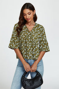 Floral Print Short Sleeves Crop Top In Olive