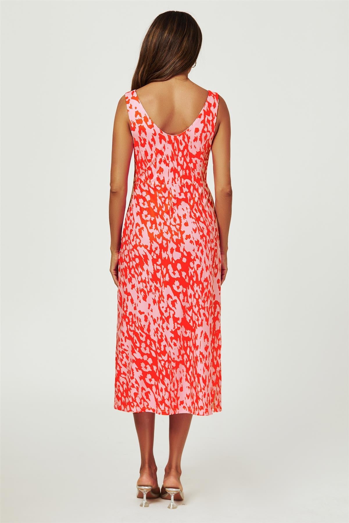 Leopard Print V Neck Knot Front Midi Dress In Pink