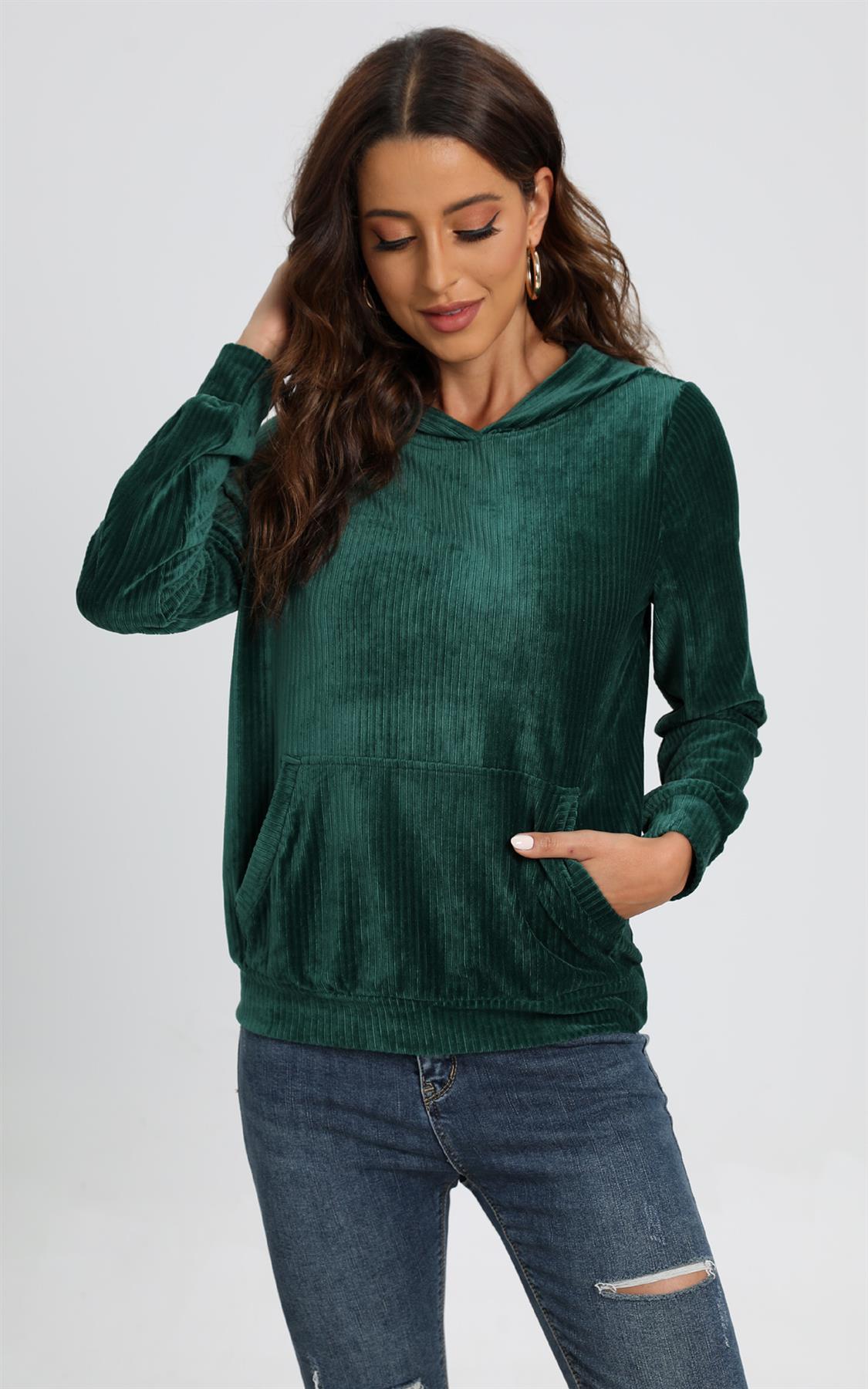 Velvet Hoodie Top With Pocket In Green