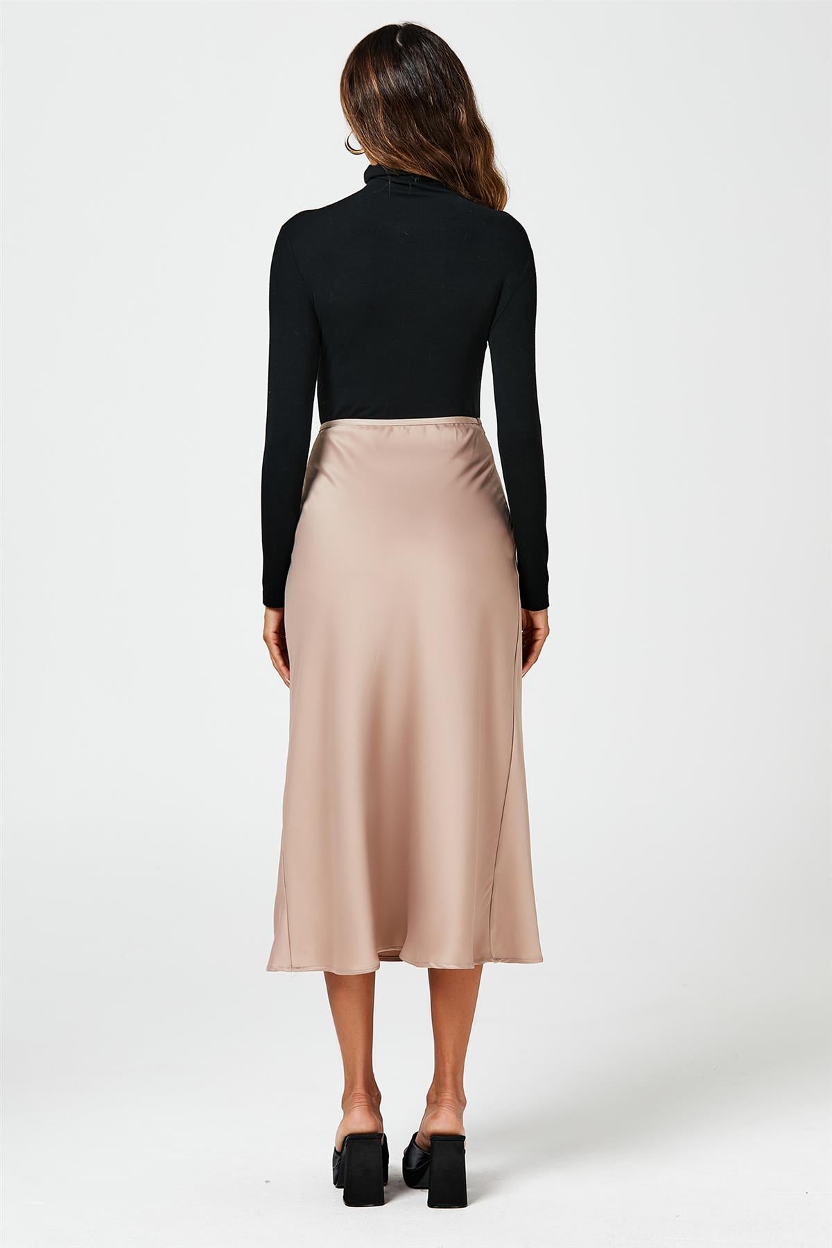 Satin Midi Skirt In Light Brown