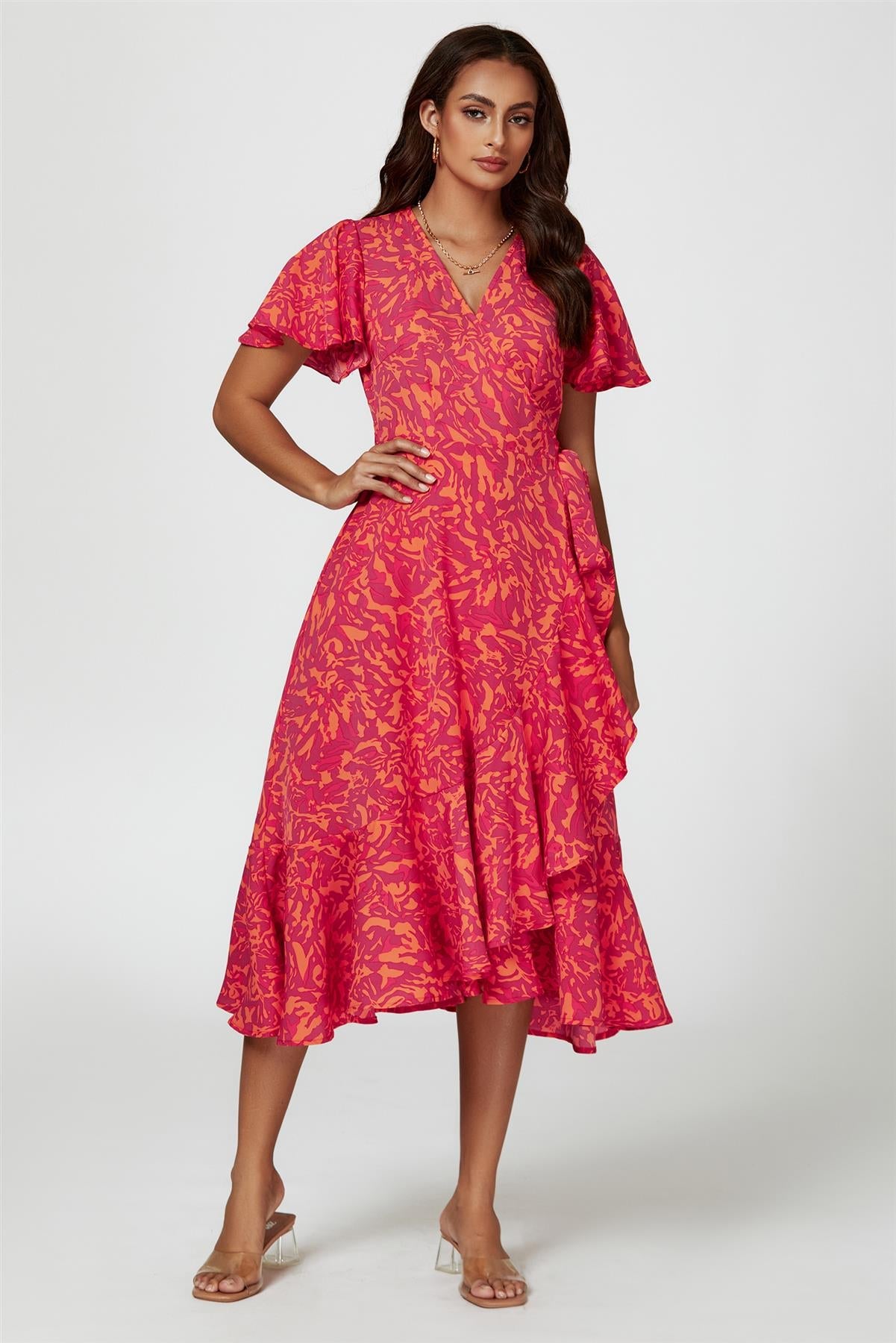 Abstract Print Midi Wrap Dress In Fuchsia