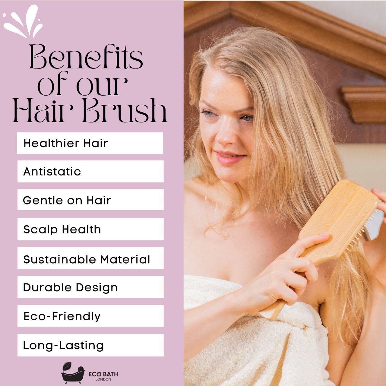 Eco Bath London Bamboo Hairbrush with Wooden Pins - Eco-Friendly Paddle Detangler for Long, Thick, and Curly Hair