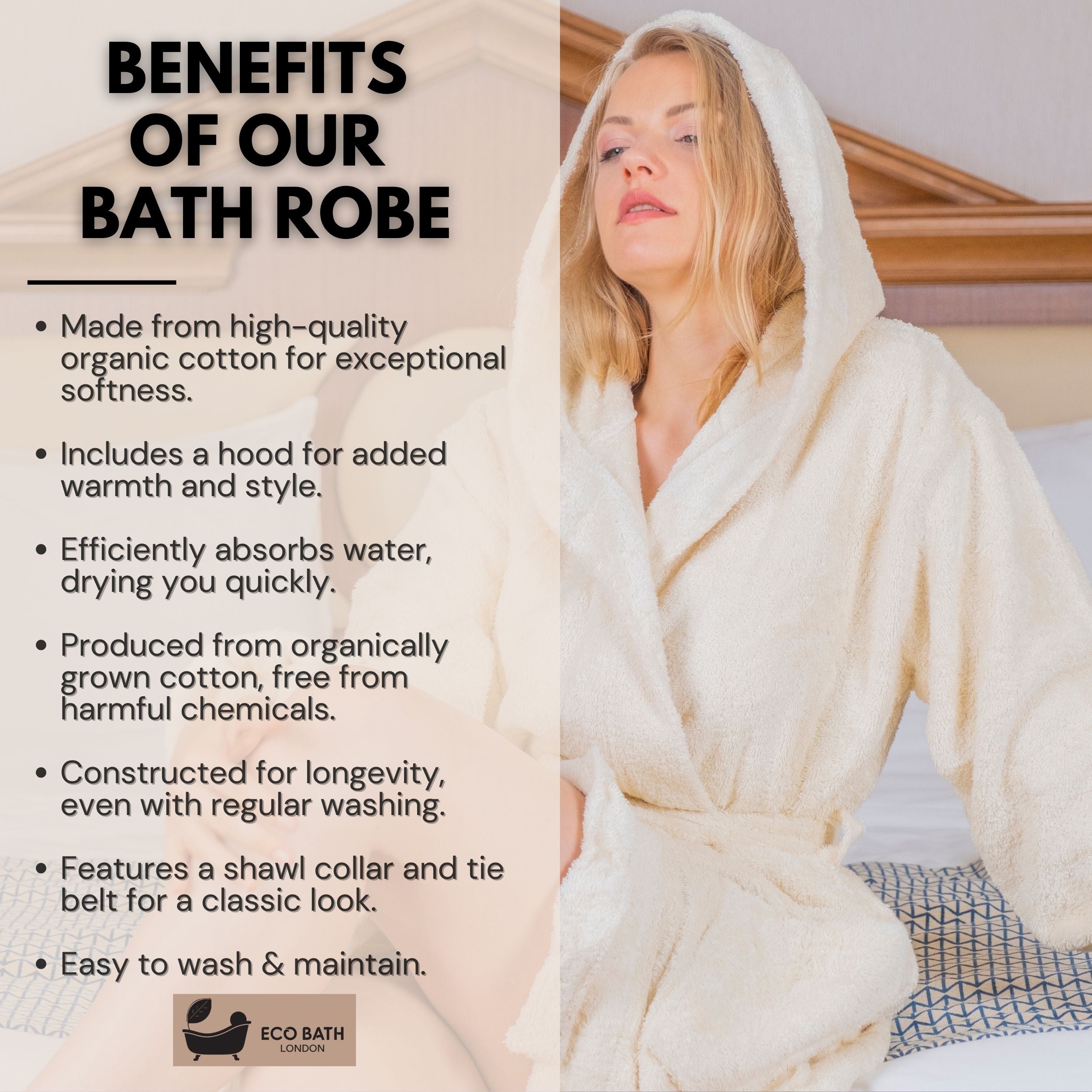 Eco Bath London Hooded Organic Cotton Bath Robe - 100% Certified Organic Cotton