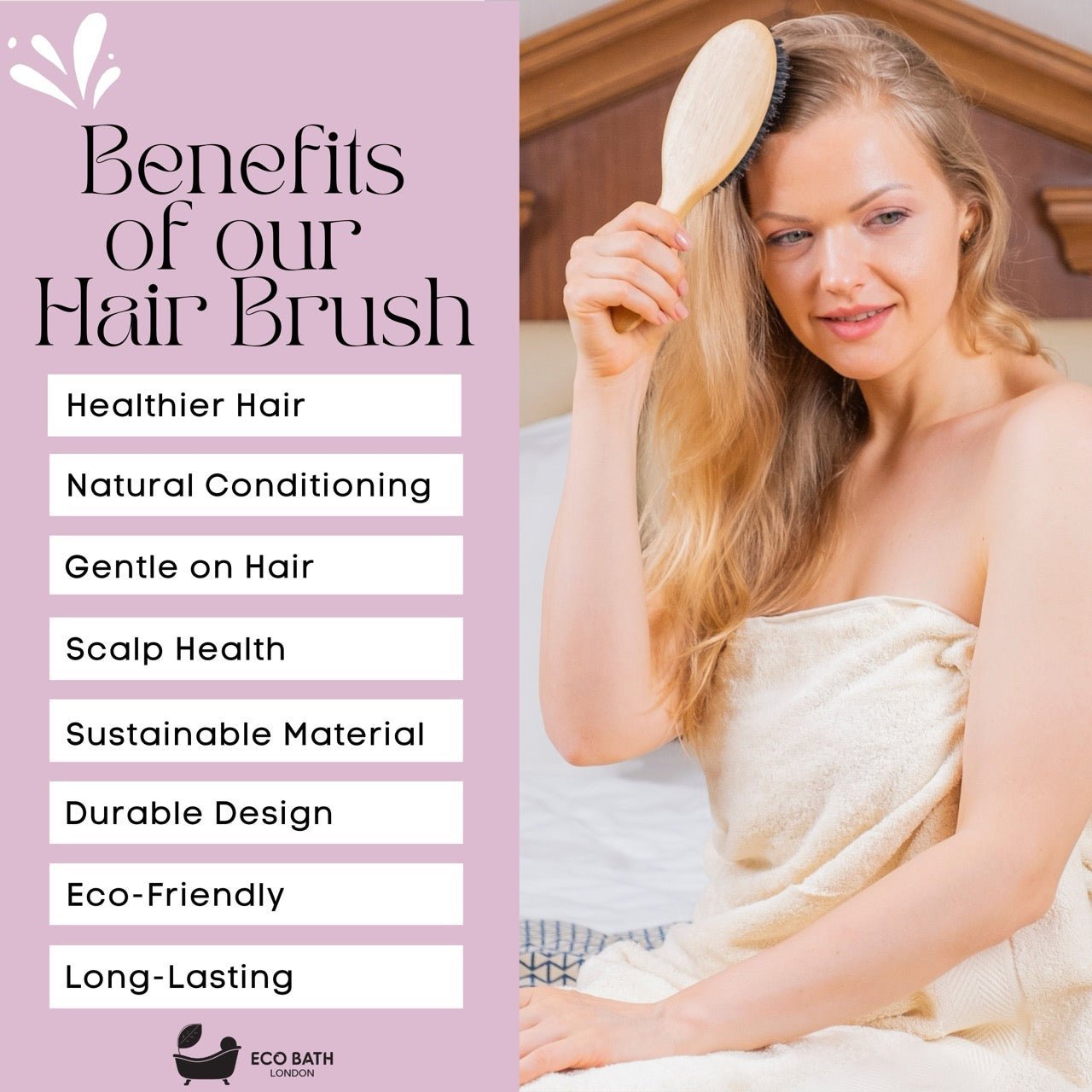 Eco Bath London Bamboo Hair Brush with Boar Bristles - Eco-Friendly Detangling Hairbrush for All Hair Types