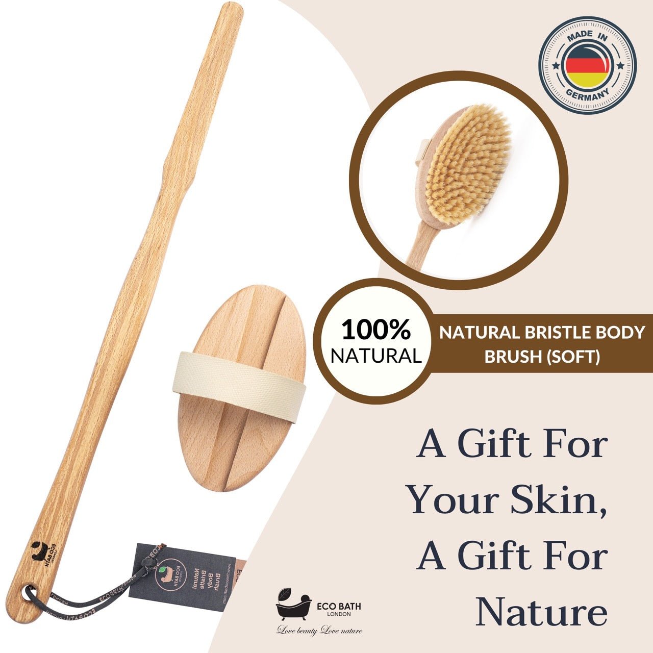 Eco Bath Natural Bristle Body Brush Detachable with Soft Bristles