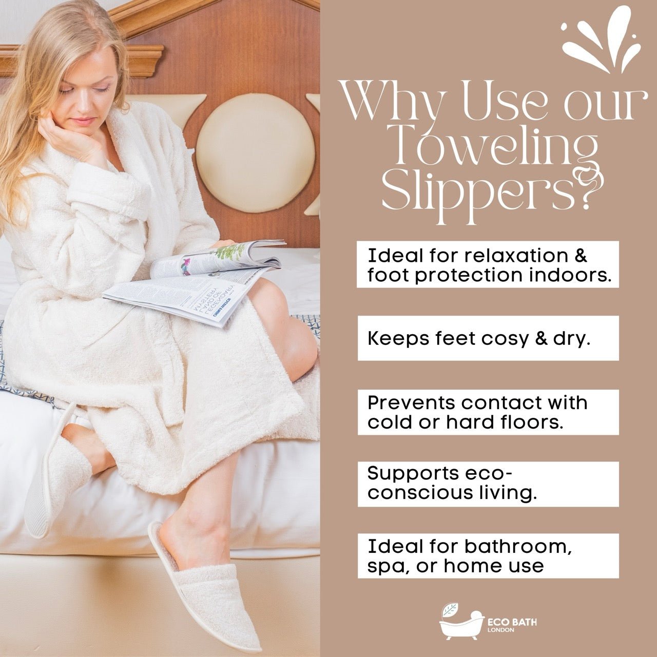 Eco Bath London Natural Toweling Slippers - Luxury 100% Organic Cotton Indoor Slippers for Bath and Home