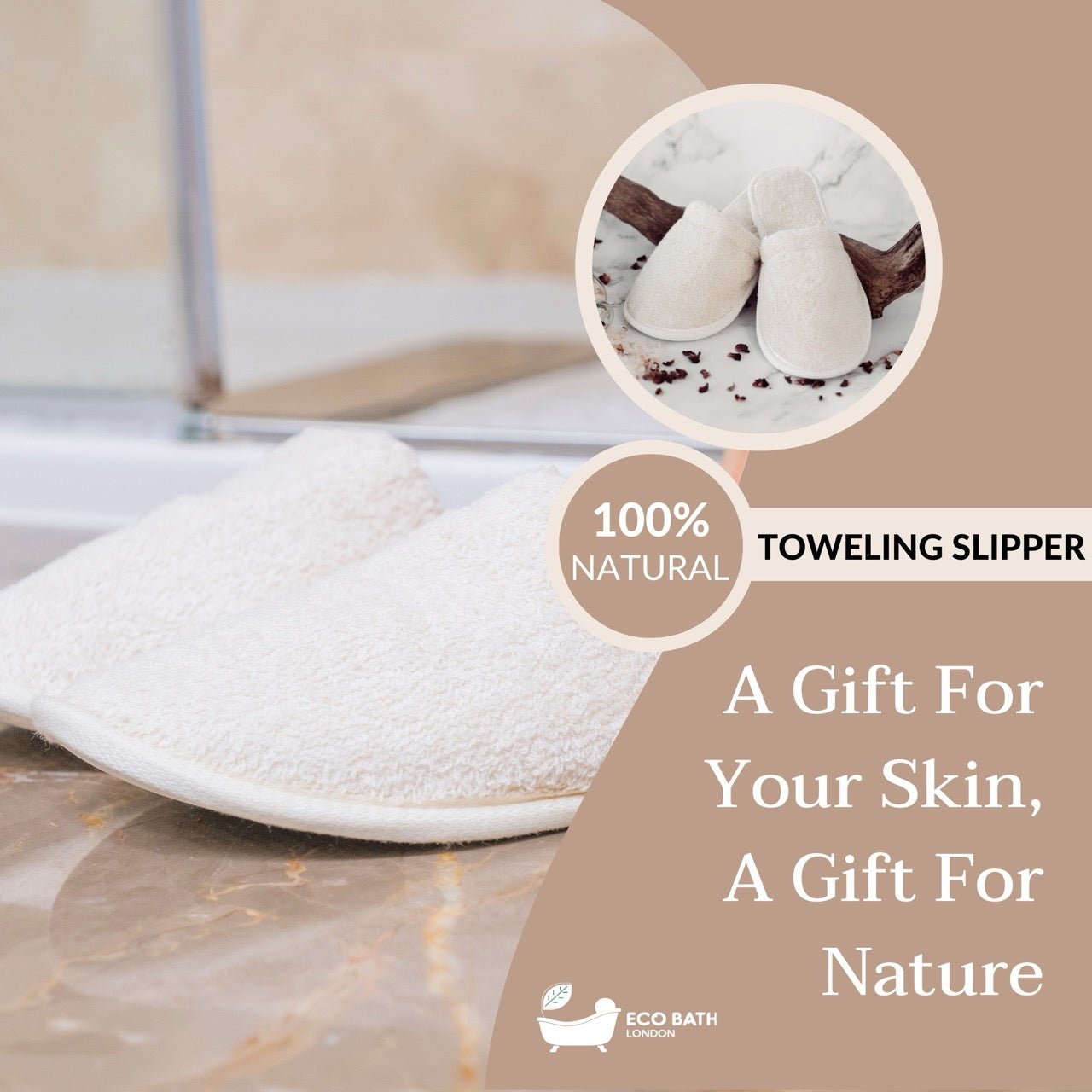 Eco Bath London Natural Toweling Slippers - Luxury 100% Organic Cotton Indoor Slippers for Bath and Home