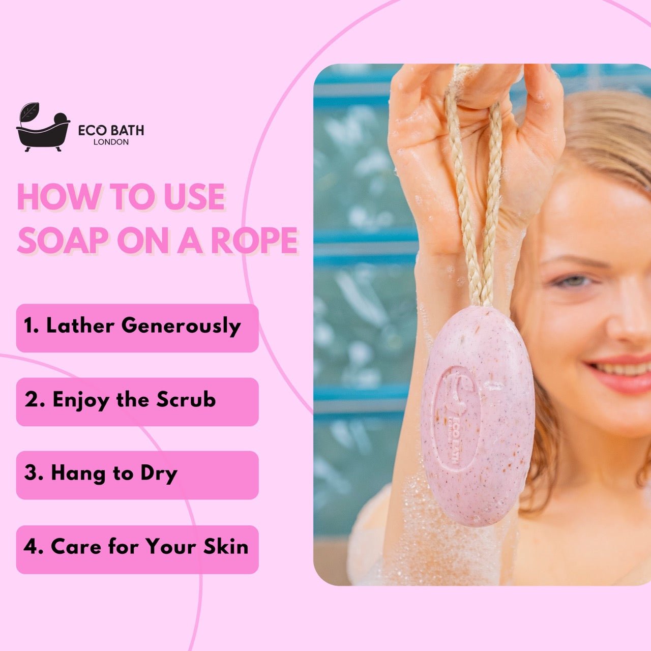Eco Bath London Rose Soap on a Rope 220g - Luxurious and Eco Friendly Body Wash Bar with Shea Butter