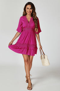 V Neck Lace Mini Dress In Fuchsia