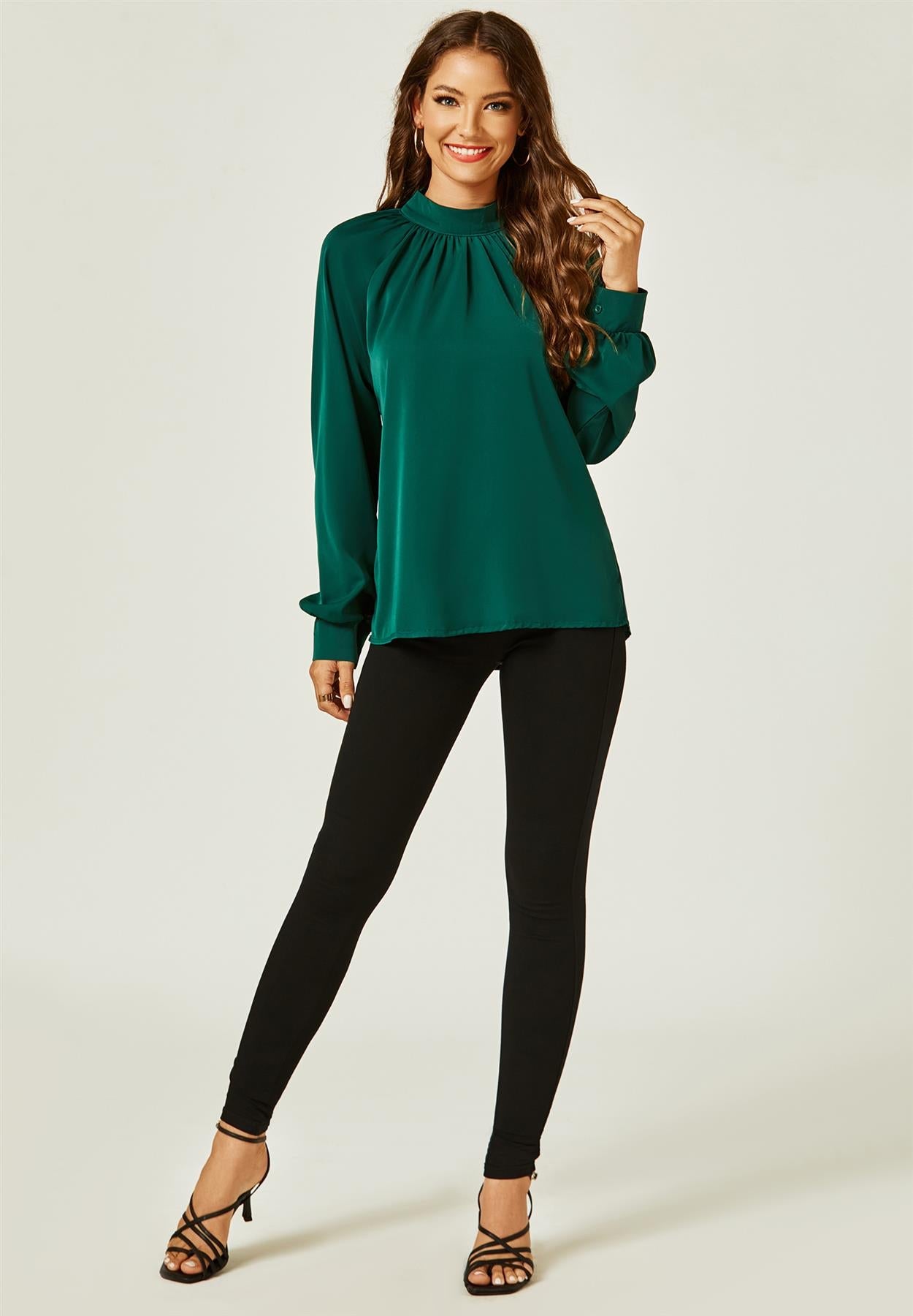 Halter Neck Long Sleeve Blouse Top In Green