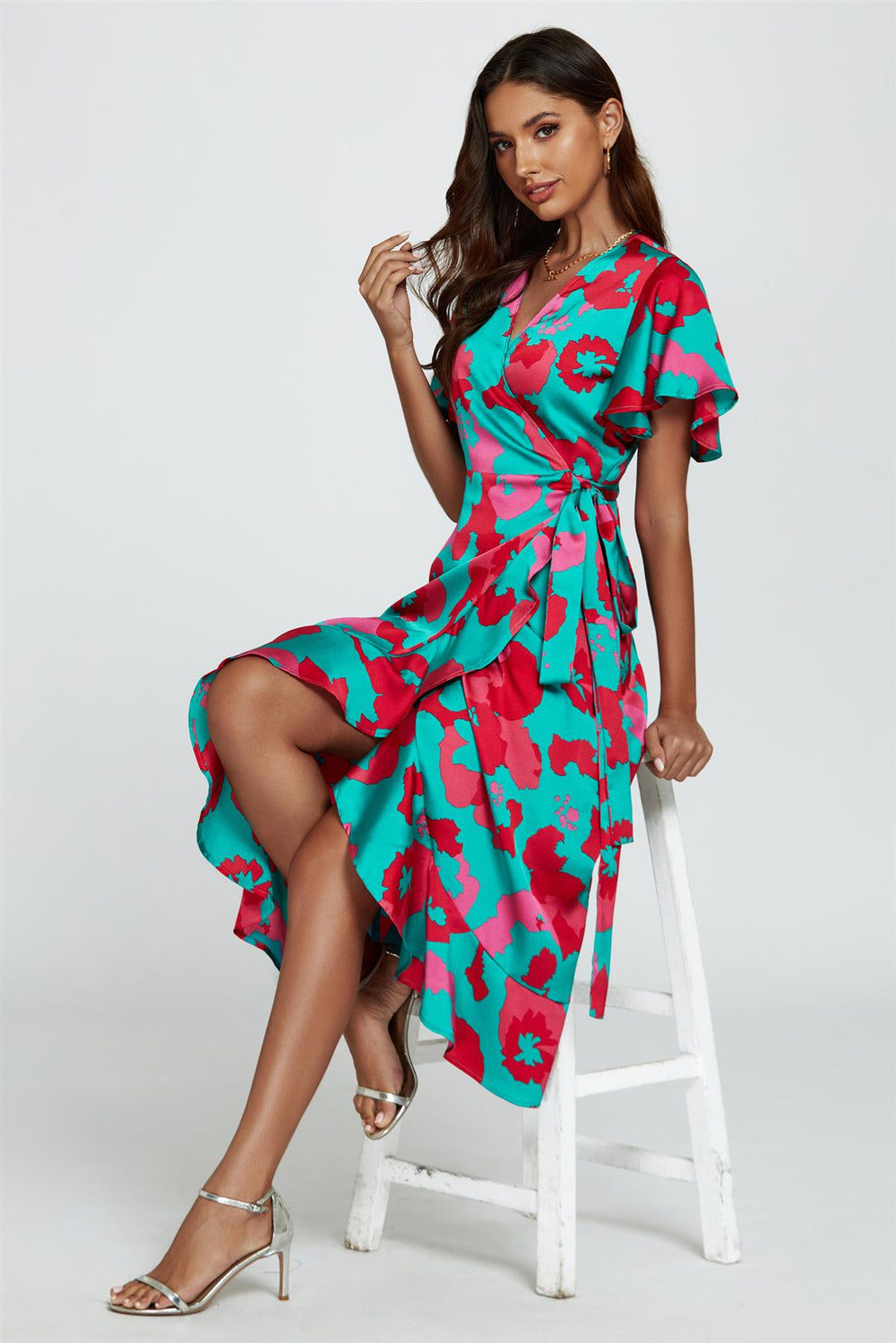 Leopard Print Angel Sleeve Wrap Midi Blue Pink