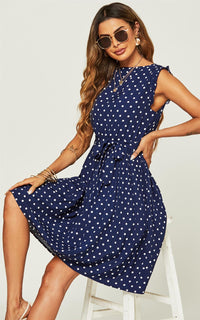 Polka Dot Frill Sleeve Midi Dress In Navy