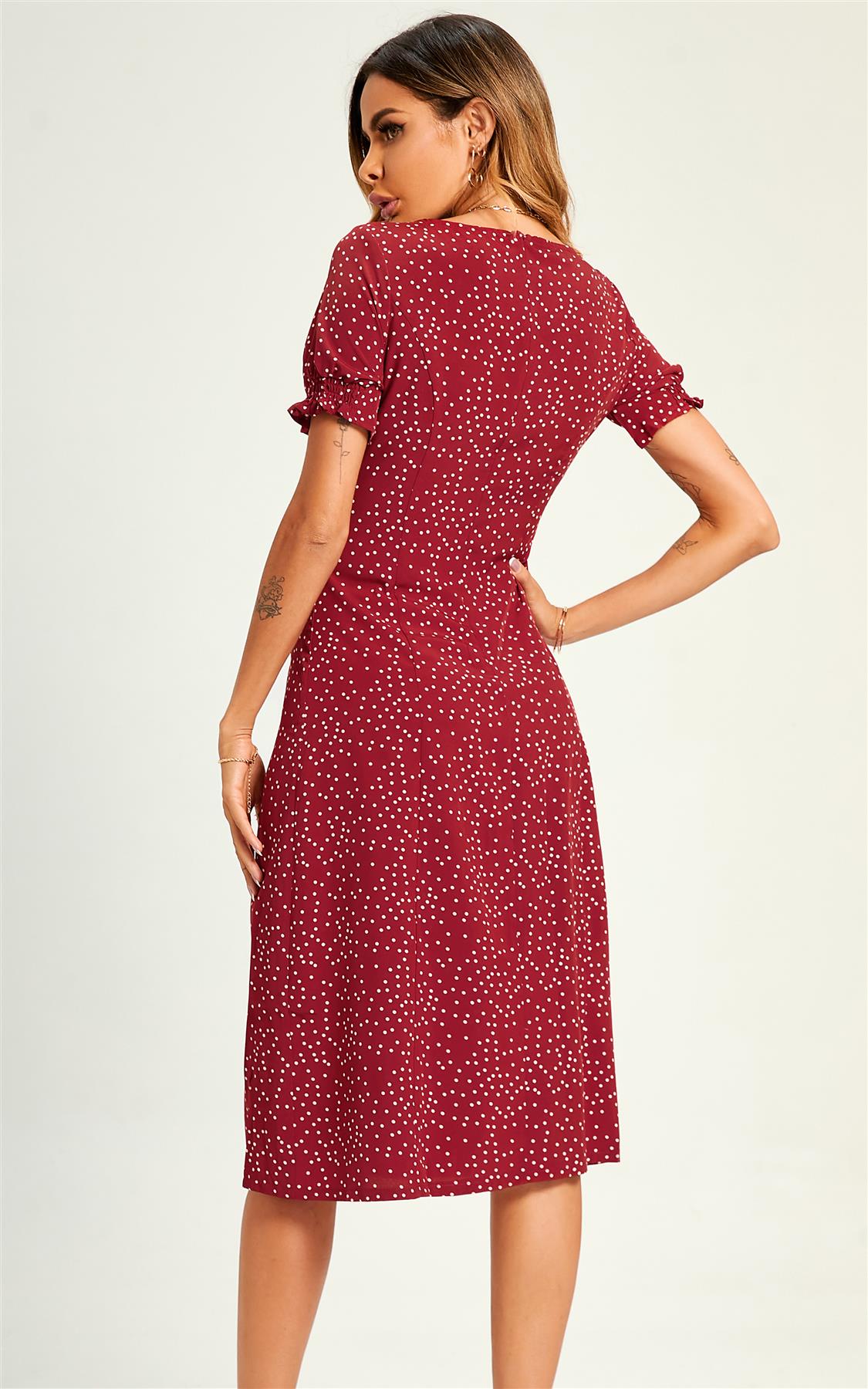 Polka Dot Button Detail Slip Midi Dress In Red