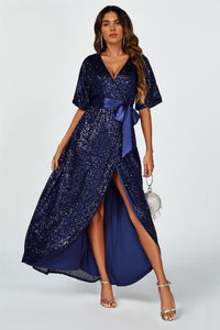 Wrap Style Sequin Maxi Dress In Navy