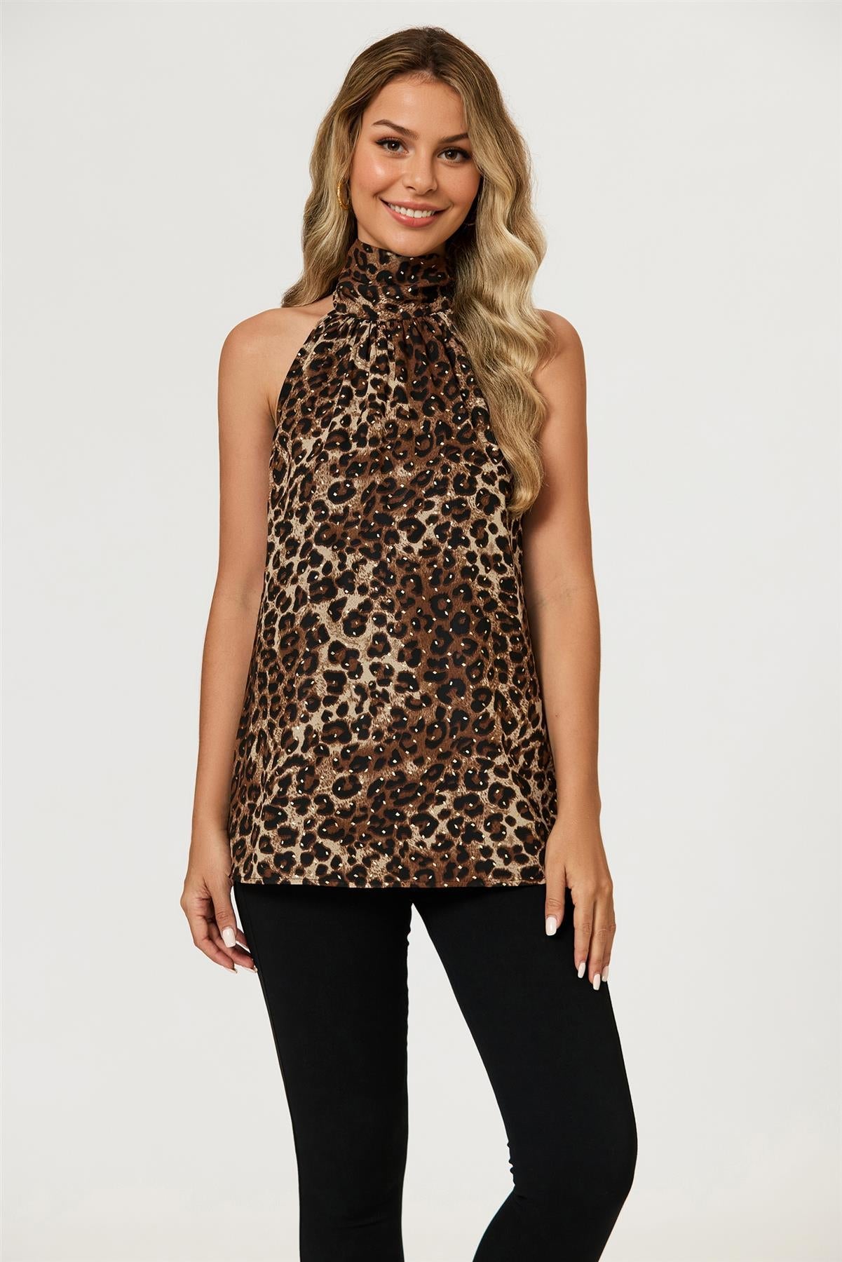 Leopard Print Foil Halter Neck Tie Back Top In Brown