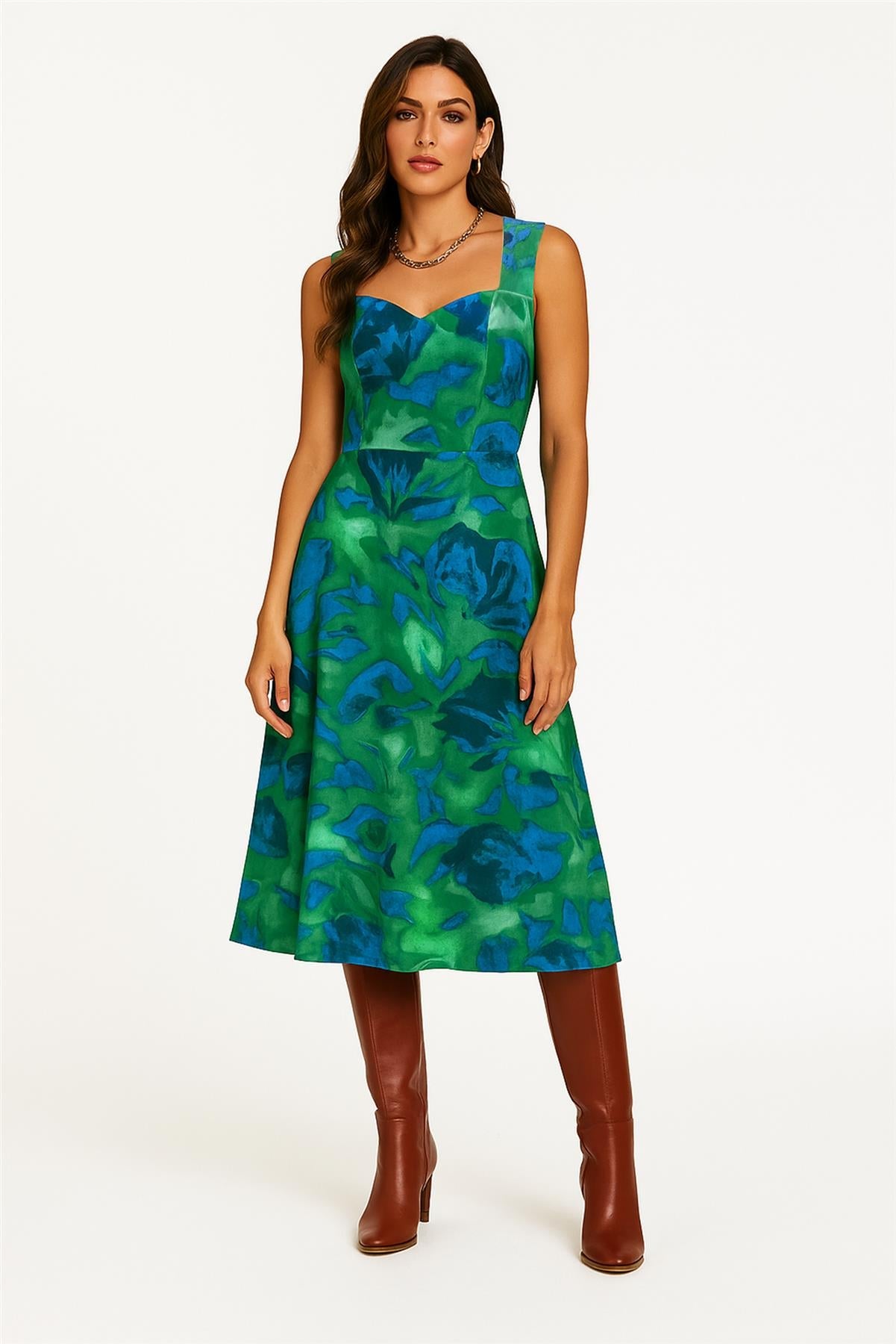 Abstract Floral Print Heart Neck Midi Green