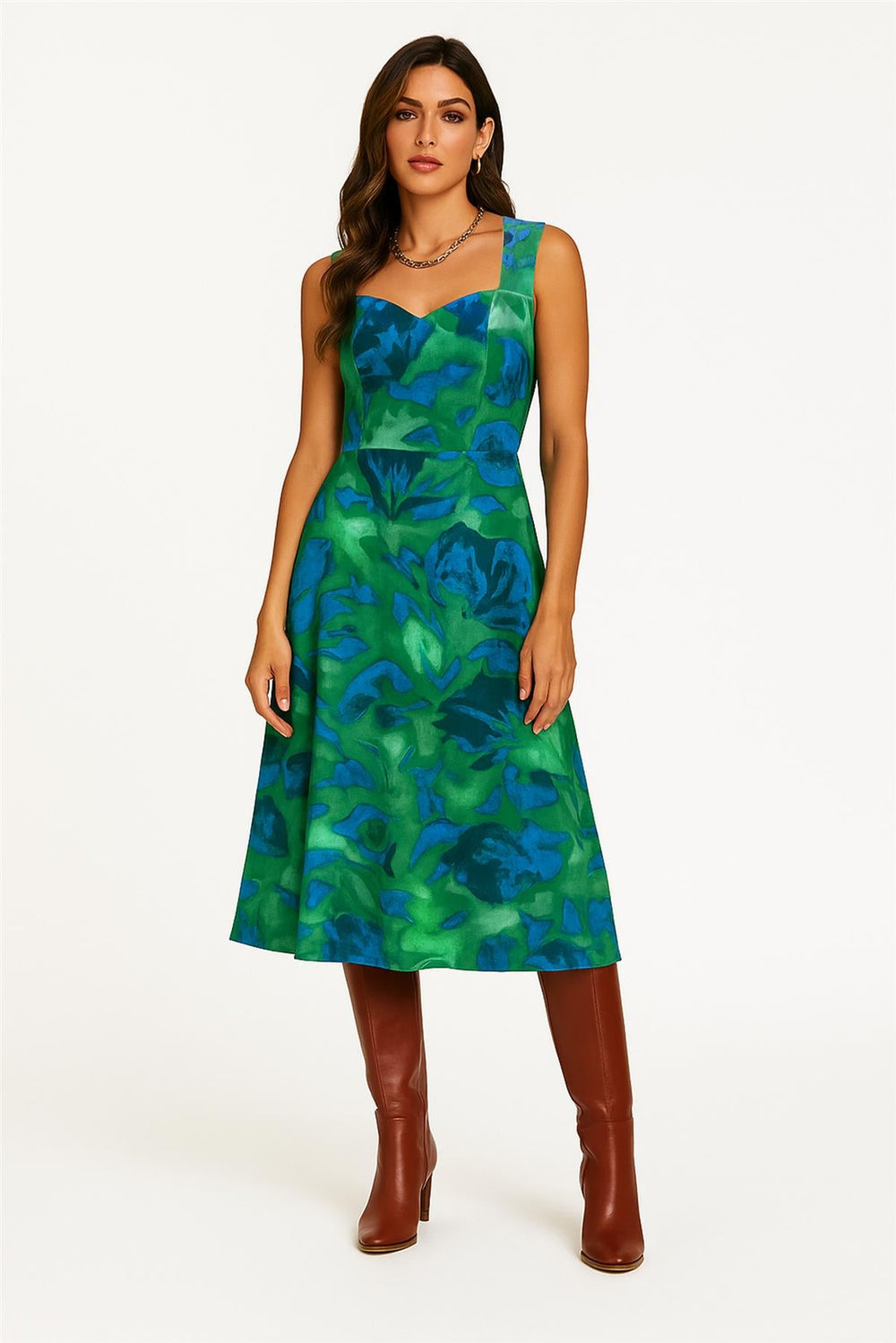 Abstract Floral Print Heart Neck Midi Green