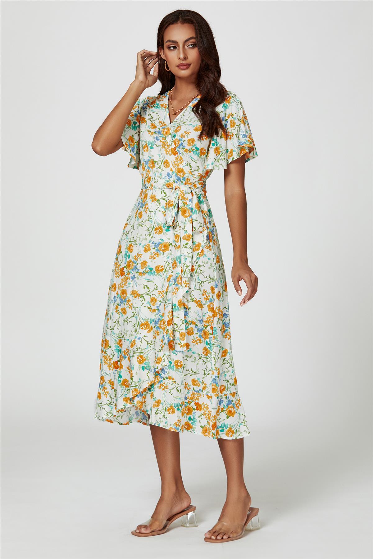 Floral Print Angel Sleeve Wrap Midi Dress In Yellow
