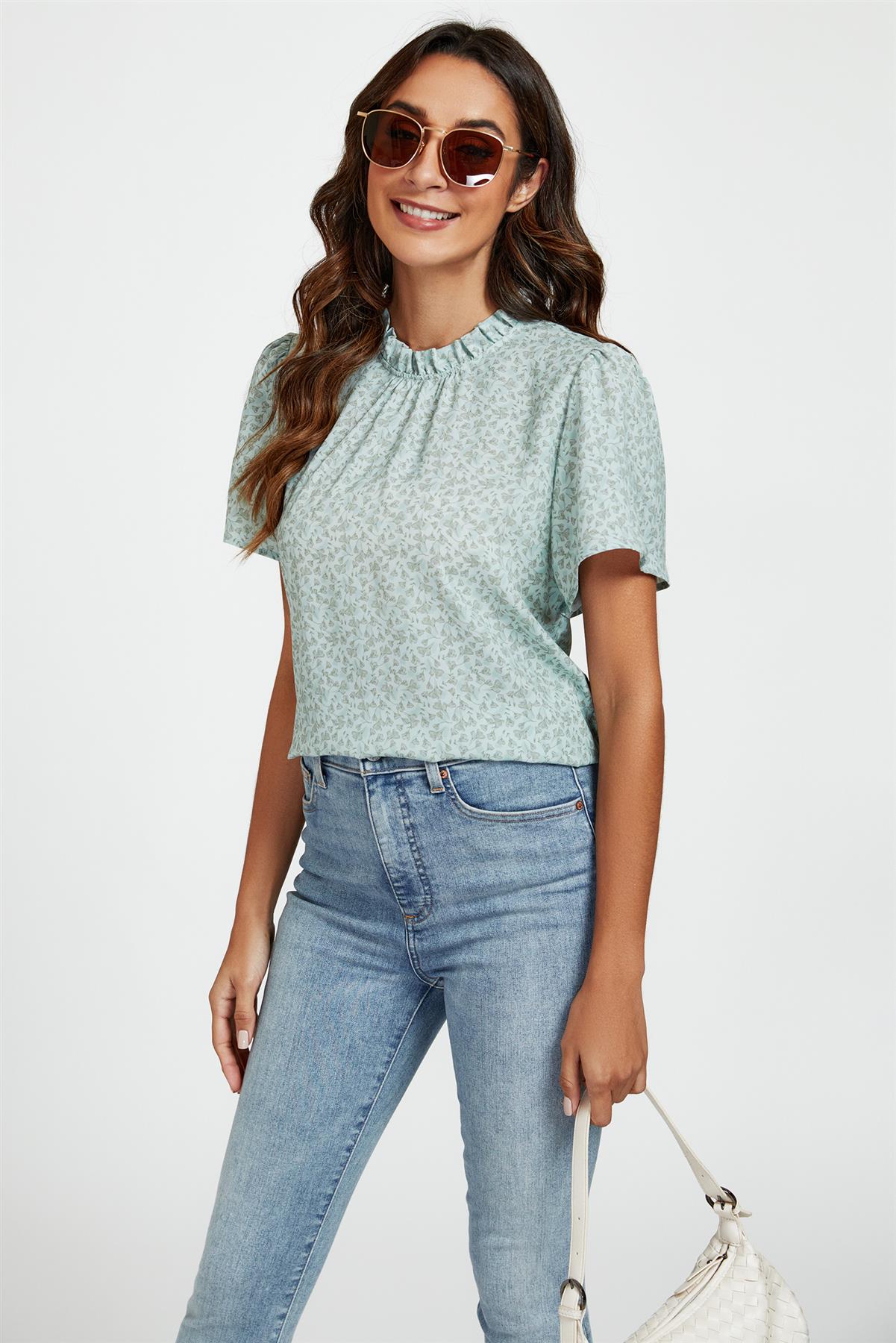Grey Little Floral Print Angle Sleeve High Neck Top/Blouse In Blue