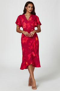 Abstract Print Angel Sleeve Wrap Midi Dress In Red