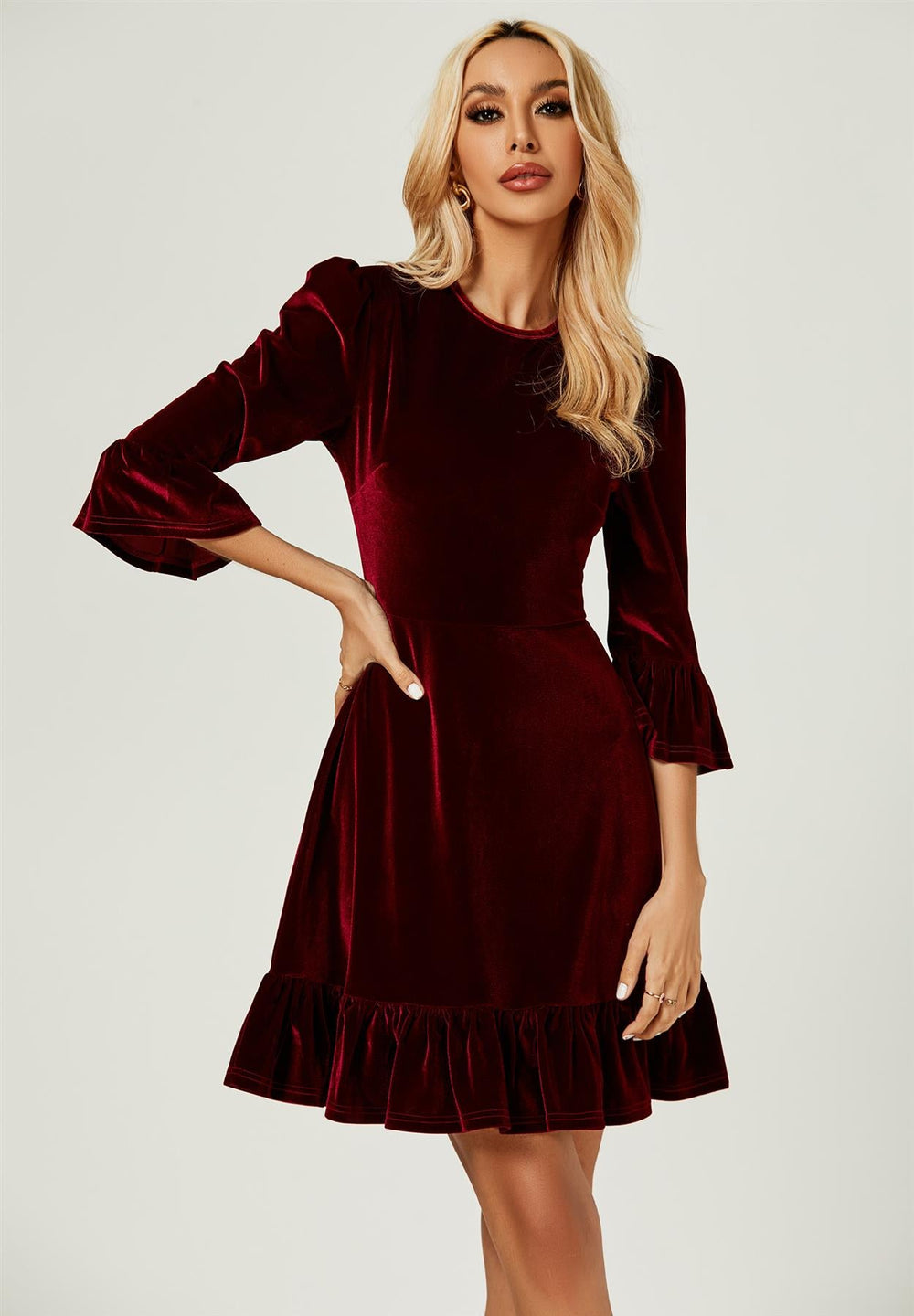 Velvet Frill Detail Mini Dress In Wine