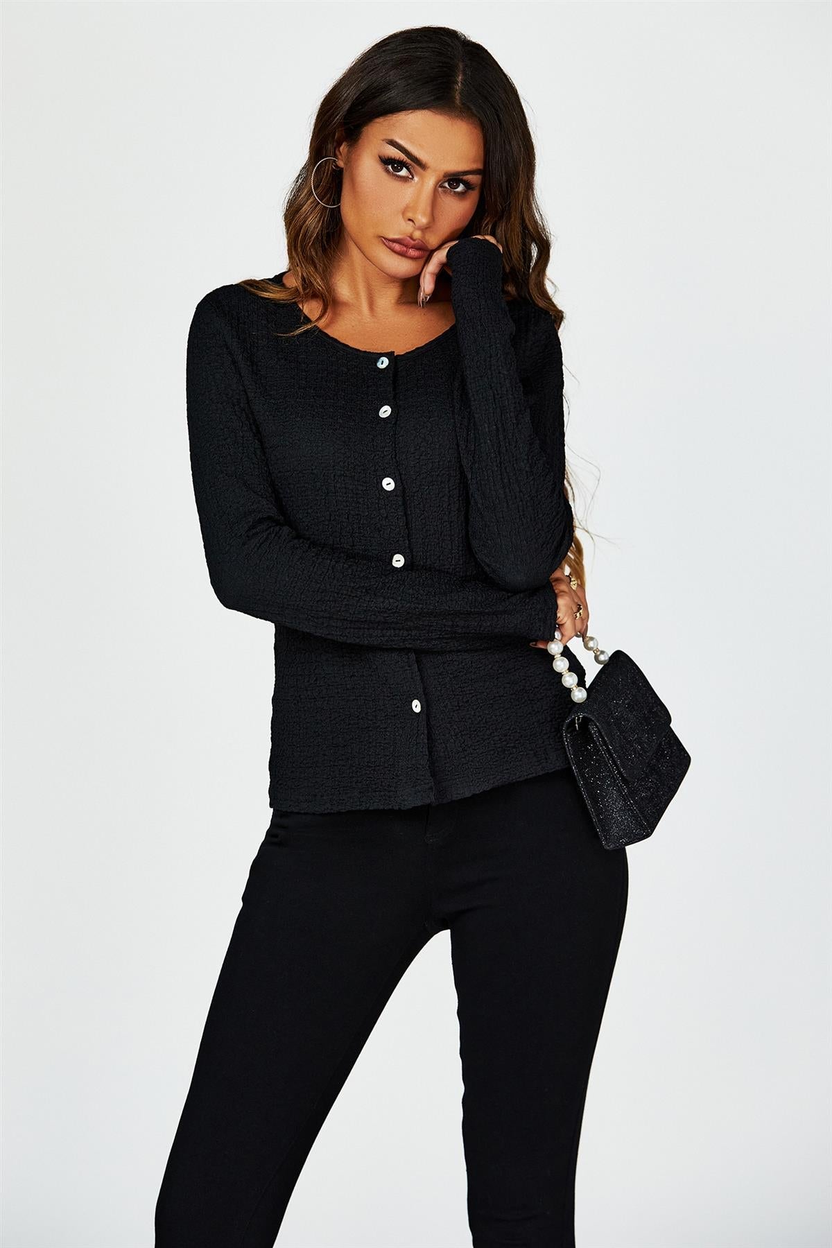 Button Down Ruched Stretch Long Sleeves Top In Black