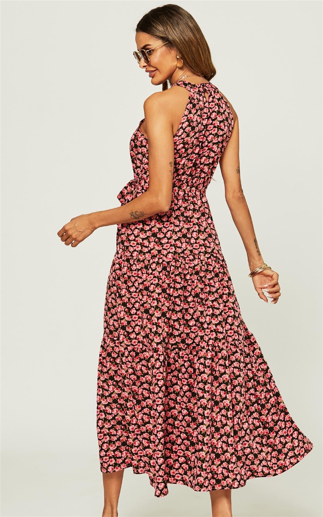 Halter Neck Maxi Layer Dress In Pink Floral Print