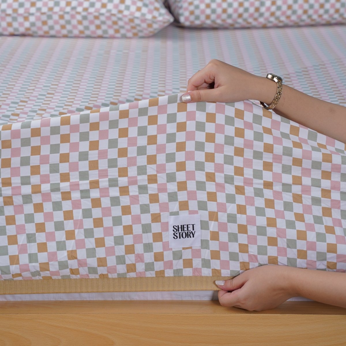 Ella Cotton Gems Checkerboard Fitted Sheet – Luxurious 400-Thread-Count Comfort