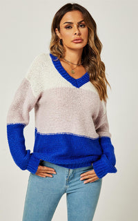 Stripe Block Colour Relaxed Knit Jumper Top In Blue & White