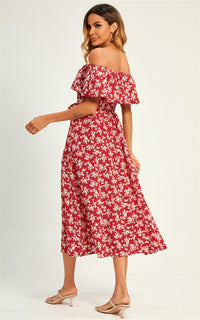Little Flora Print Bardot Frill Midi Dress In Red