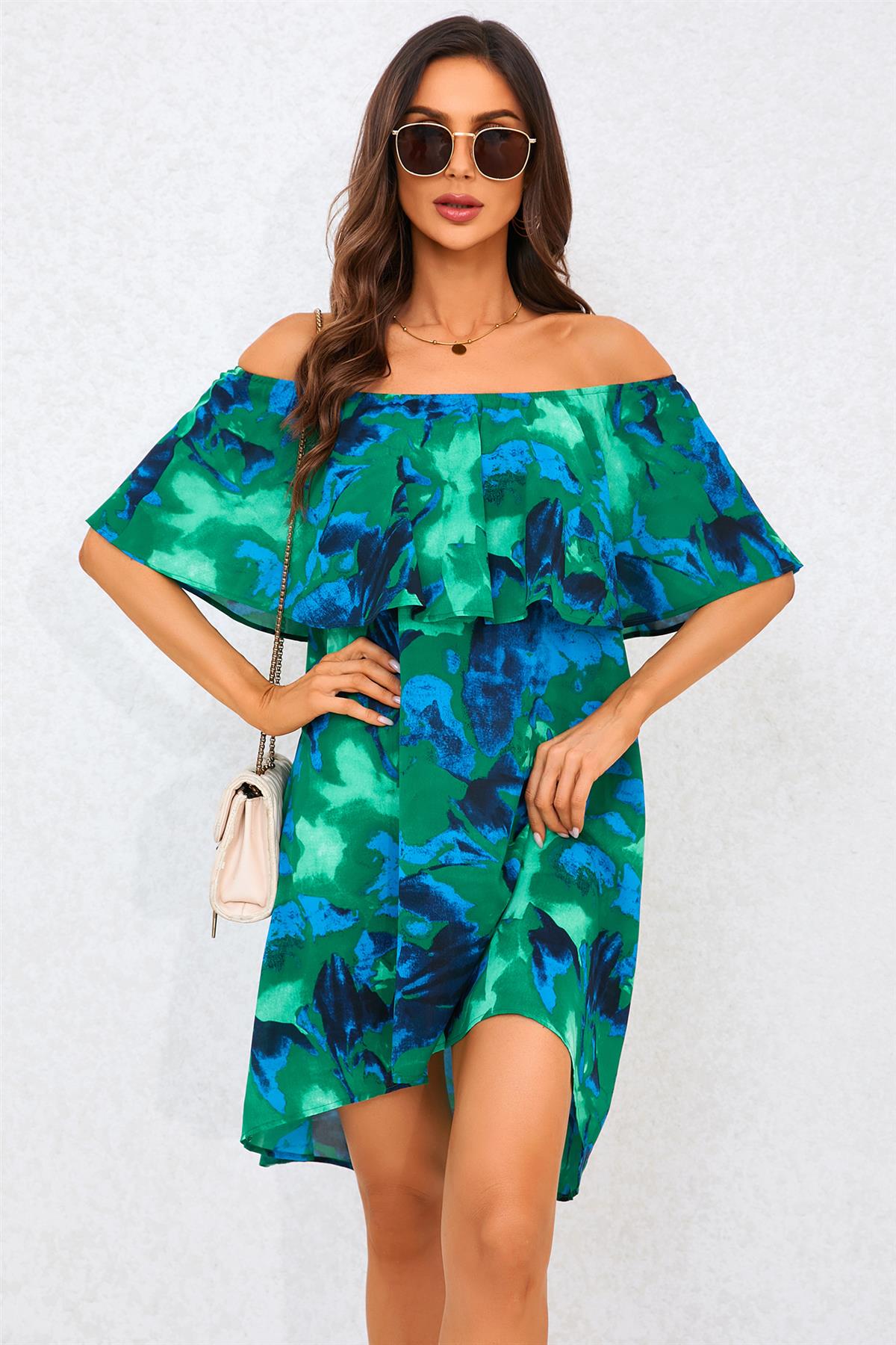 Abstract Floral Print Bardot Frill Off Shoulder Mini Dress In Green