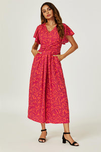 Printed Wide Leg Twist Jumpsuit In Fuchsia