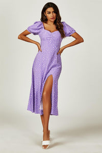 Puff Sleeve Heart Neckline Midi Dress In Purple