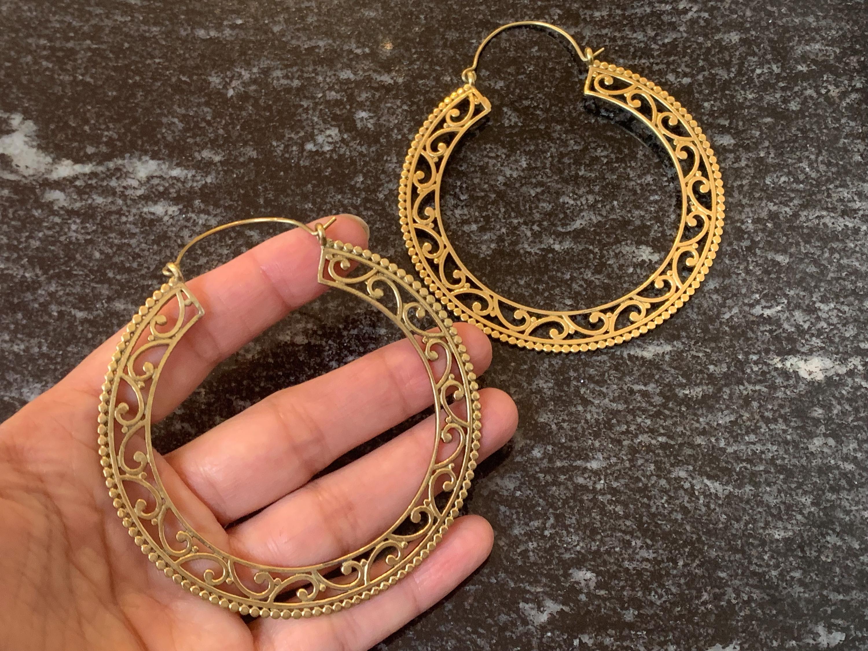 Vintage Mandala Hoop Brass Earrings - Classic brass hoops with mandala cutwork—perfect for ethnic or boho looks.