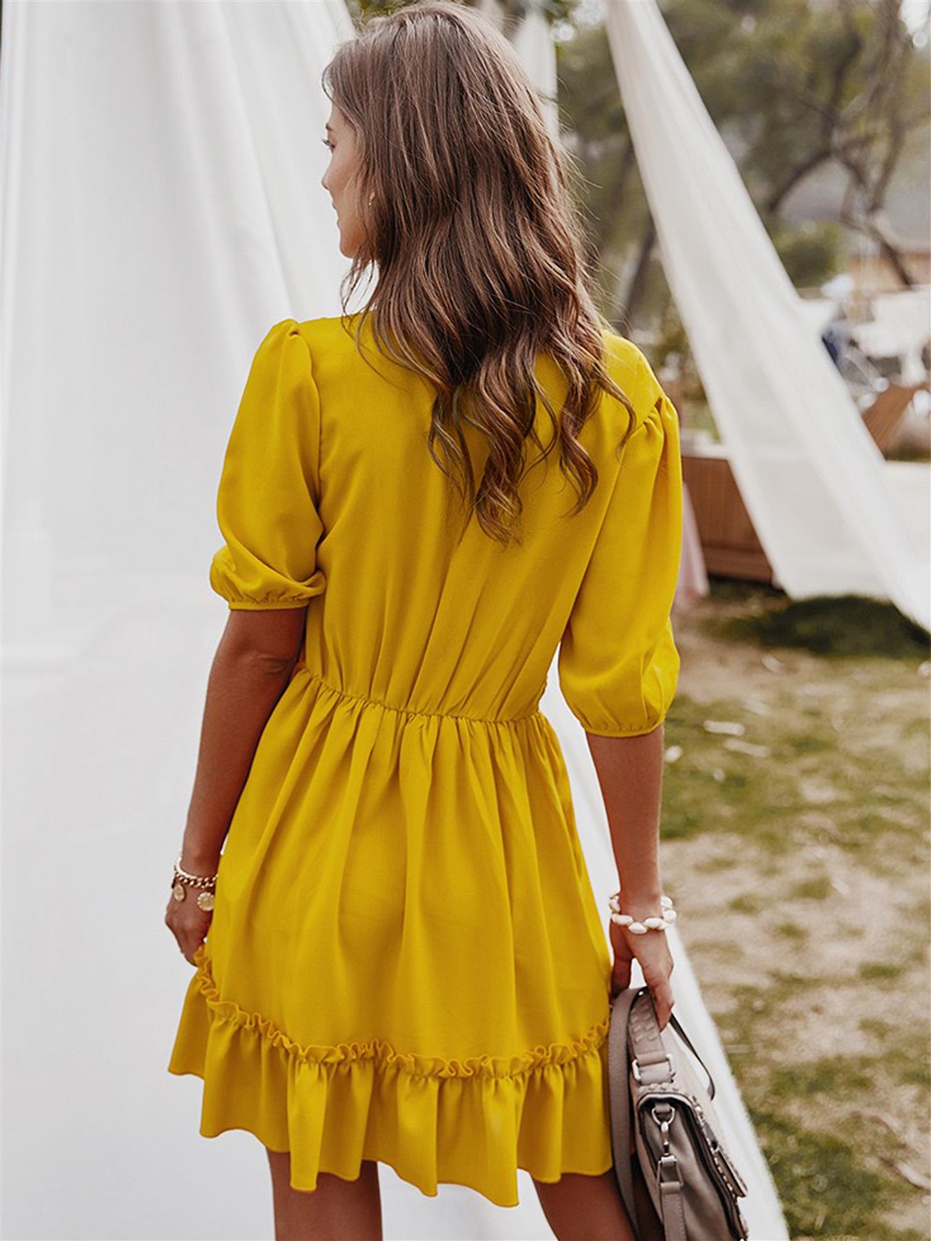 Lace Detail Smock Dress In Yellow